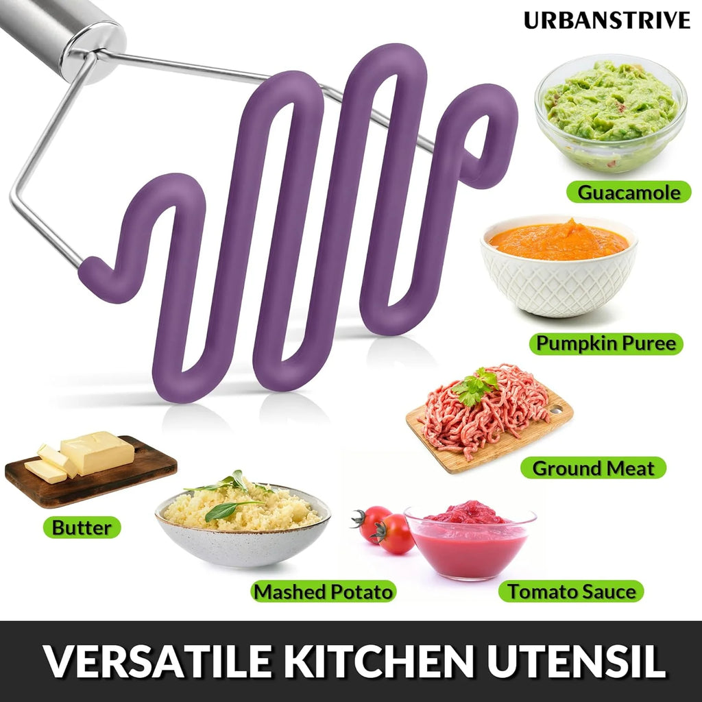 Scratch-resistant silicone potato mash maker kitchen tool stainless steel outer layer wrapped with durable silicone. – Durable Stainless Steel Construction for Simple Storage and Daily Tasks
