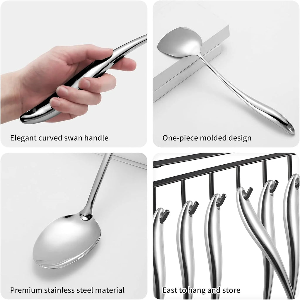 304 Stainless Steel Kitchen Utensils Set 6 Pcs Long Metal Cooking Utensil with Spatula Solid Spoon Ladle Skimmer Spaghetti Spoon Meat Fork Dishwasher Suitable – Durable Stainless Steel Construction for Simple Storage and Daily Tasks