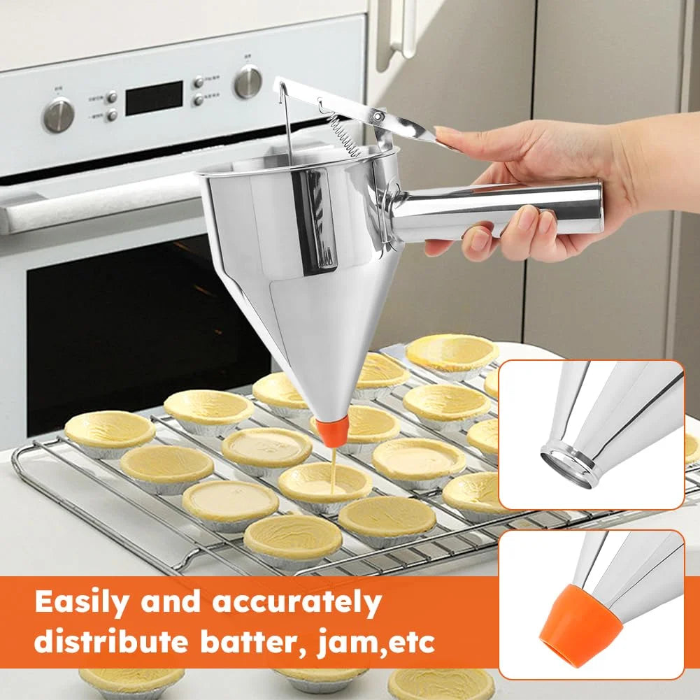 Stainless Steel Pancake Batter Dispenser with Squeeze Handle Kitchen Funnel Tools Pancake Dispenser for Pancakes Cupcakes Takoyaki and Baked Goods – Convenient Carry Handles for Simple Storage and Daily Tasks