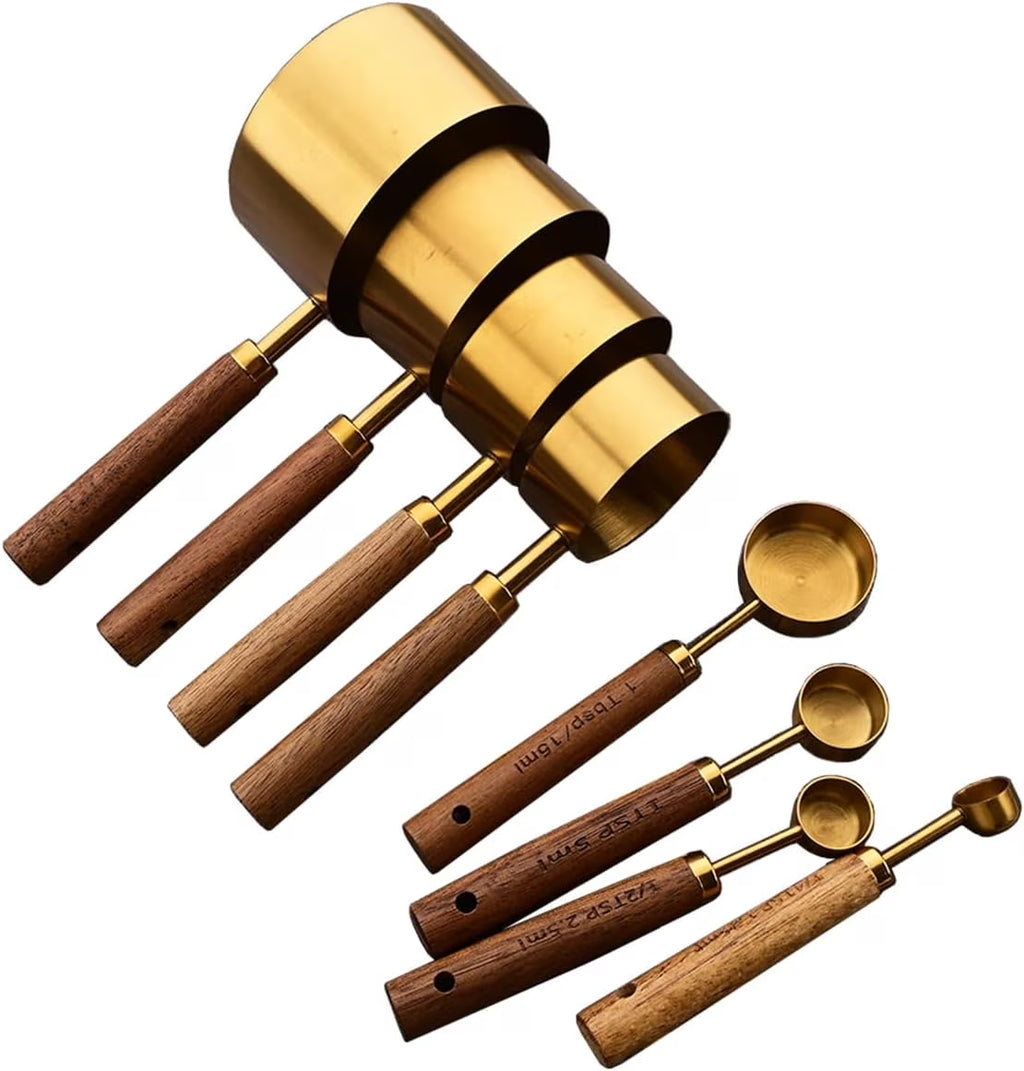 8 pieces Golden Measuring Cups Set and Measuring Spoons Set with Scale Wooden Handle Stainless Steel Dry & Liquid Measuring Cup for Cooking Baking – Convenient Carry Handles for Simple Storage and Daily Tasks
