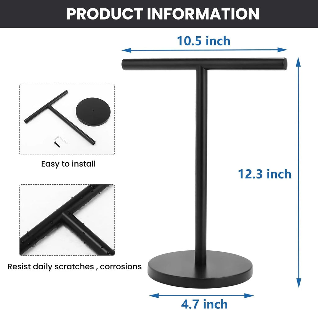 T-Shape Bath Hand Towel Holder Stand Stainless Steel Free Standing Hand Towel Rack with Heavy Base for Bathroom Kitchen & Countertop Matte Black – Durable Stainless Steel Construction for Simple Storage and Daily Tasks
