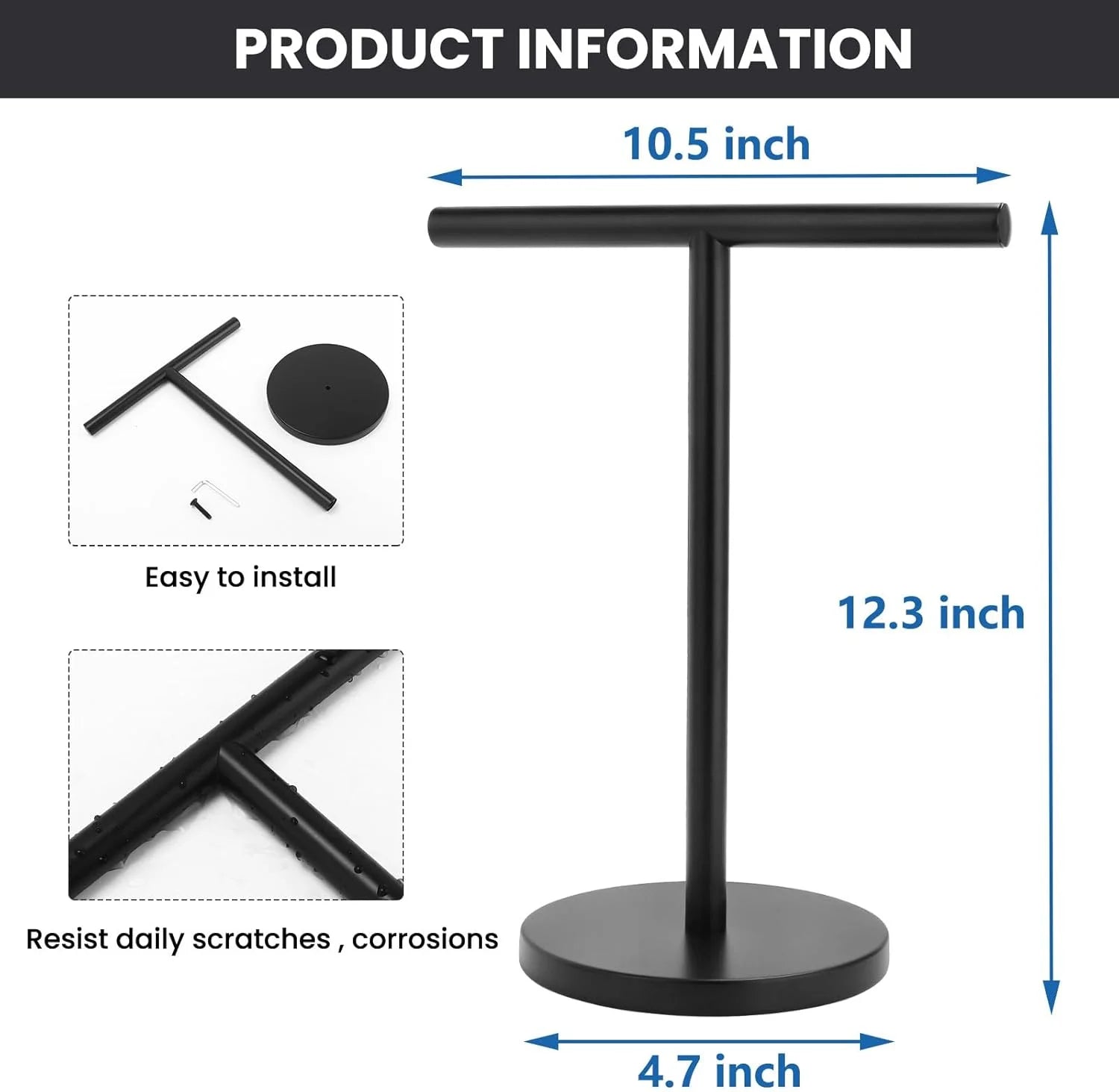T-Shape Bath Hand Towel Holder Stand Stainless Steel Free Standing Hand Towel Rack with Heavy Base for Bathroom Kitchen & Countertop Matte Black – Durable Stainless Steel Construction for Simple Storage and Daily Tasks