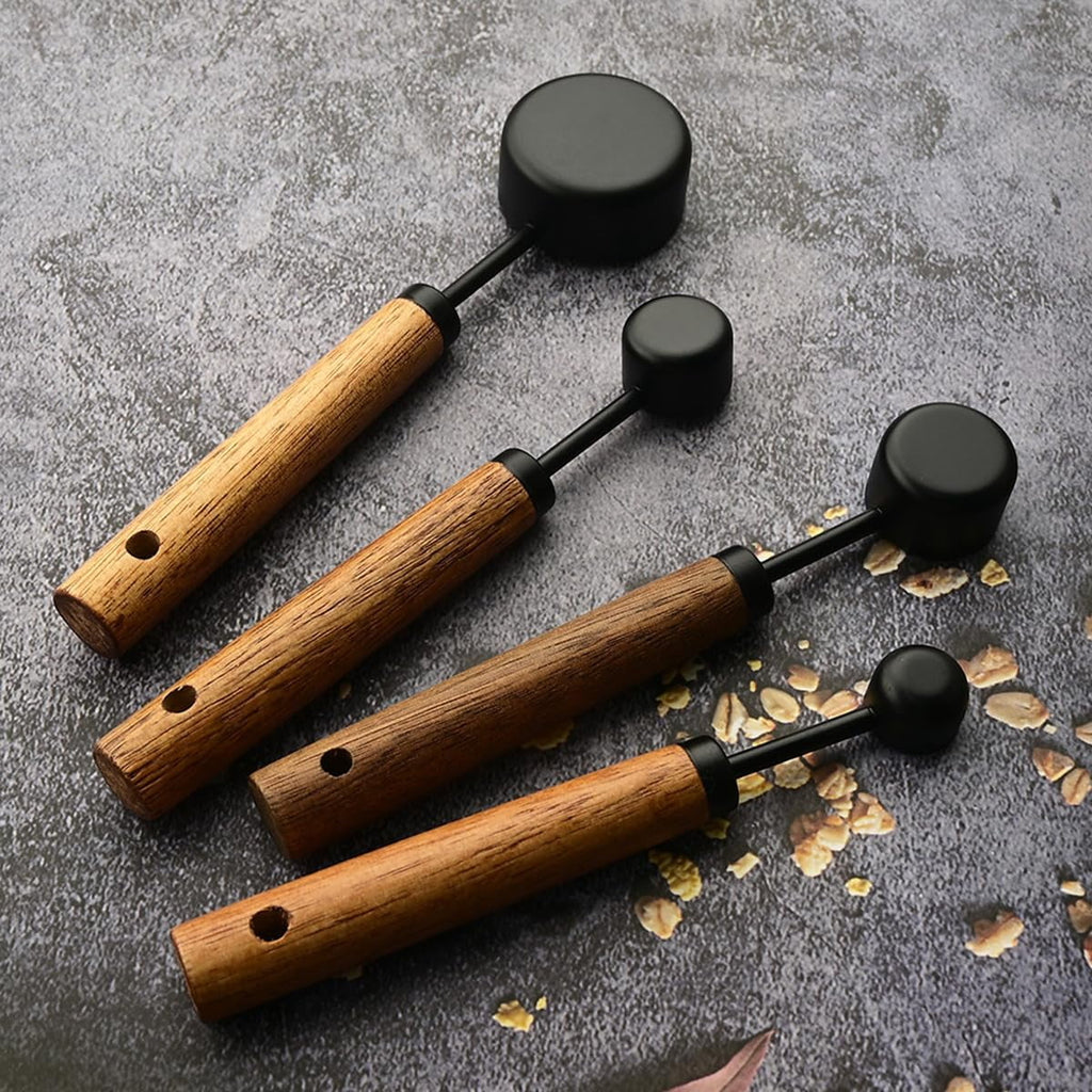 8 pieces Golden Measuring Cups Set and Measuring Spoons Set with Scale Wooden Handle Stainless Steel Dry & Liquid Measuring Cup for Cooking Baking – Convenient Carry Handles for Simple Storage and Daily Tasks
