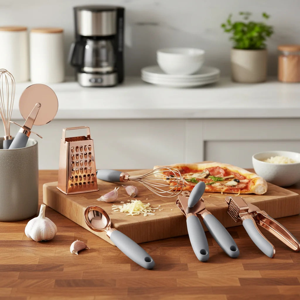 7-Piece Kitchen Gadget Set Copper Coated Stainless Steel Tableware with Soft Touch Handle – Convenient Carry Handles for Simple Storage and Daily Tasks