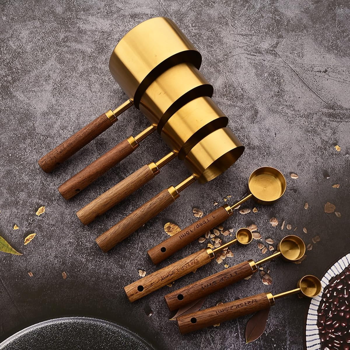 8 pieces Golden Measuring Cups Set and Measuring Spoons Set with Scale Wooden Handle Stainless Steel Dry & Liquid Measuring Cup for Cooking Baking – Convenient Carry Handles for Simple Storage and Daily Tasks
