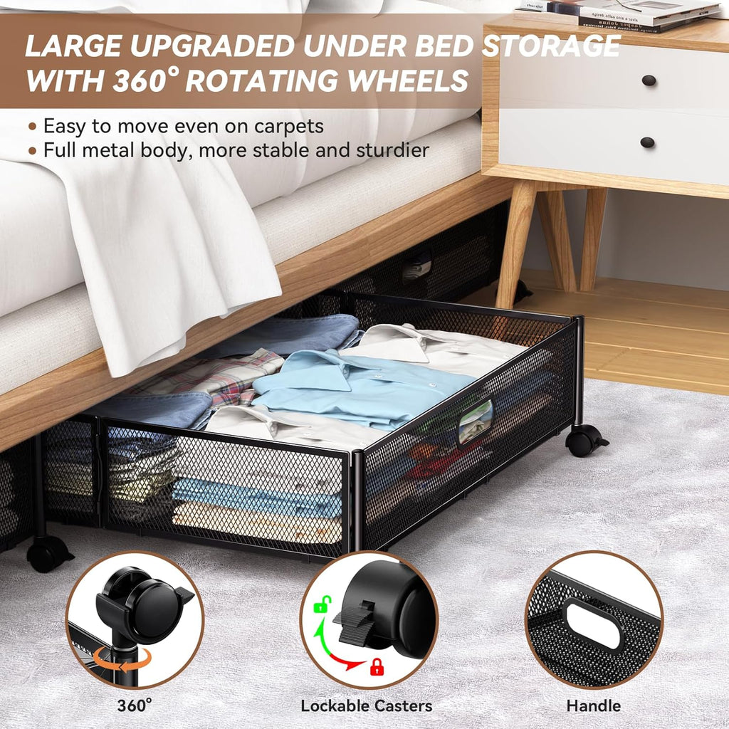 Under Bed Storage Containers with Wheels - Shoe Storage Organizer Drawer Tool-free Assembly Metal Underbed Storage for Bedroom Clothes Shoes Blankets - 2Pack – Everyday Household Format for Simple Storage and Daily Tasks