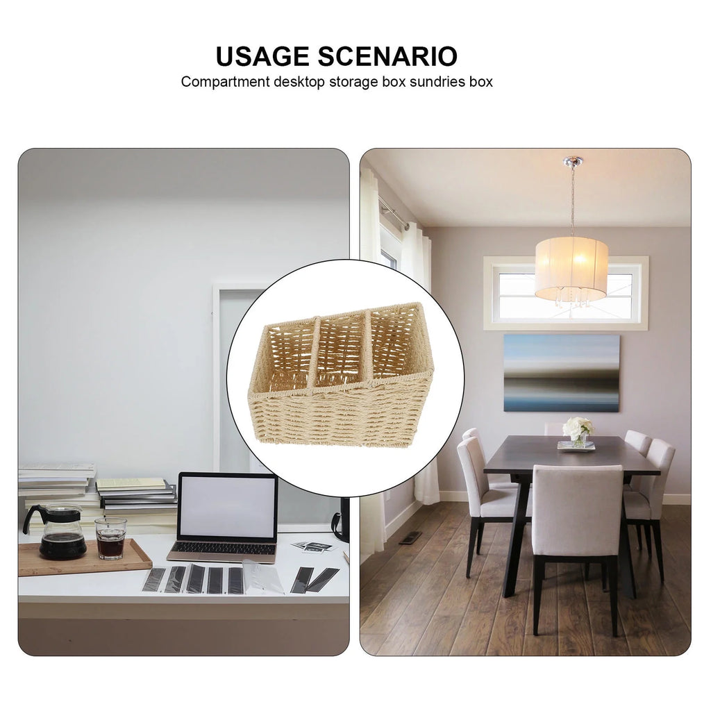 2pcs Woven 3 Compartments Woven Storage Box Bin Makeup Container Cube Organizer Divider for Home Bathroom Bedroom Closet Table Remote Beige – Multiroom Organization Format for Simple Storage and Daily Tasks