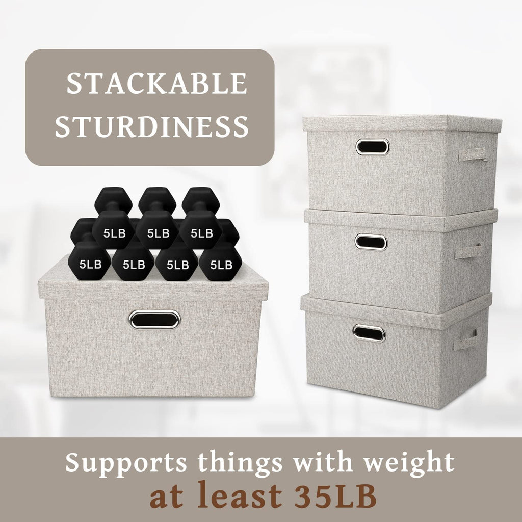 Medium 15" 21 Quart Collapsible Stackable Storage Bins with Lids 5 Packs Beige Foldable Fabric Closet Boxes Heavy-duty Lidded Linen Cube Baskets Container Organizers and Storage – Multiroom Organization Format for Simple Storage and Daily Tasks