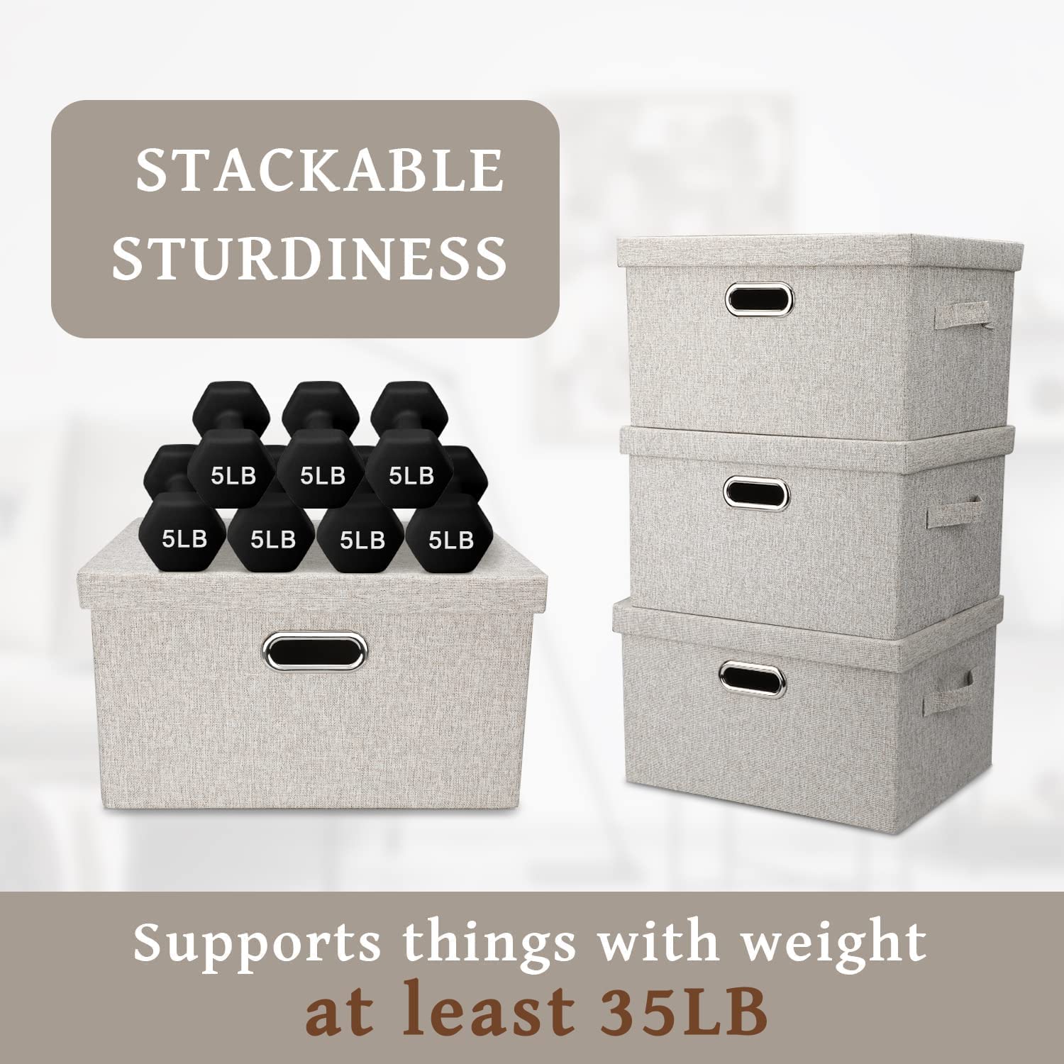 Medium 15" 21 Quart Collapsible Stackable Storage Bins with Lids 5 Packs Beige Foldable Fabric Closet Boxes Heavy-duty Lidded Linen Cube Baskets Container Organizers and Storage – Multiroom Organization Format for Simple Storage and Daily Tasks