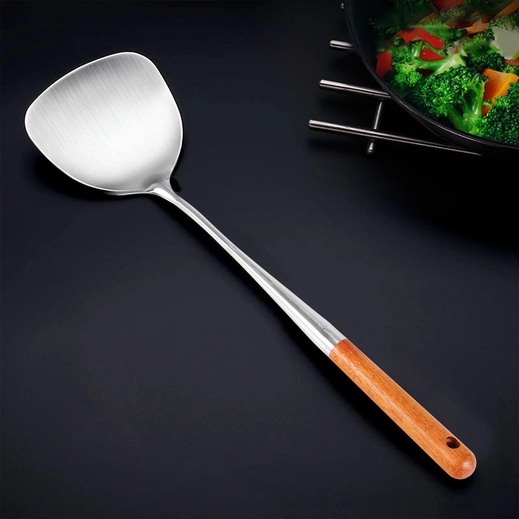 Long Handle Stainless Steel Wok Kitchen Slotted Turner Rice Spoon Ladle Cooking Tools Utensil Set – Convenient Carry Handles for Simple Storage and Daily Tasks