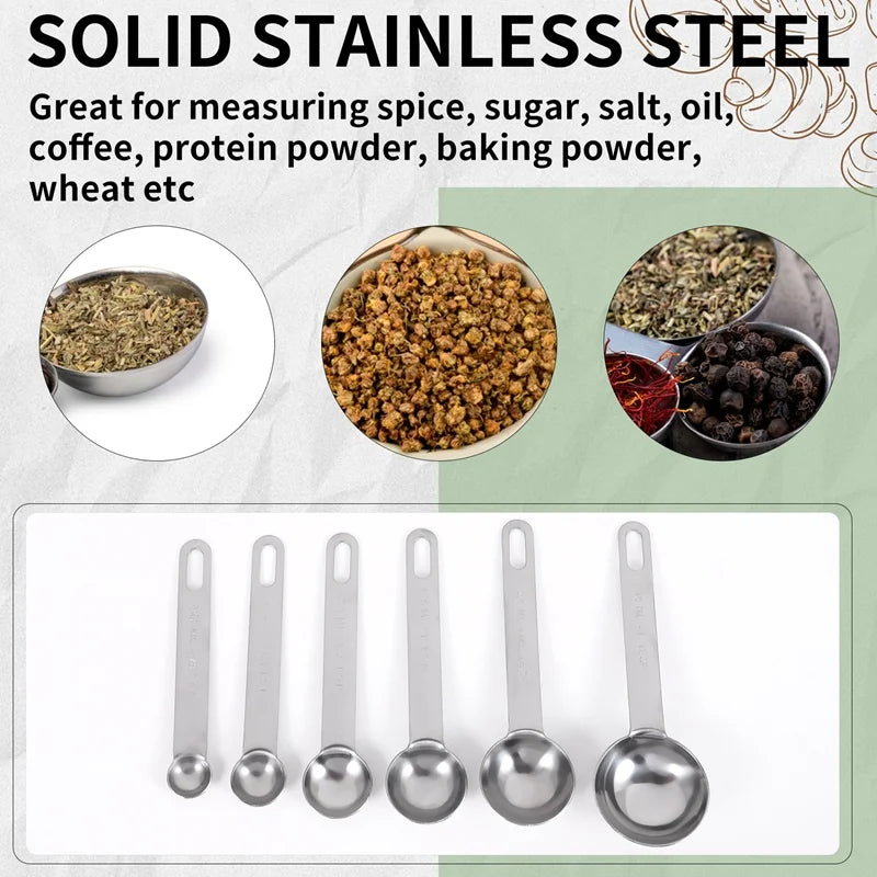 Stainless Steel Measuring Spoons Cups Set Small Tablespoon Teaspoons Set 6 with Bonus C4662 – Durable Stainless Steel Construction for Simple Storage and Daily Tasks