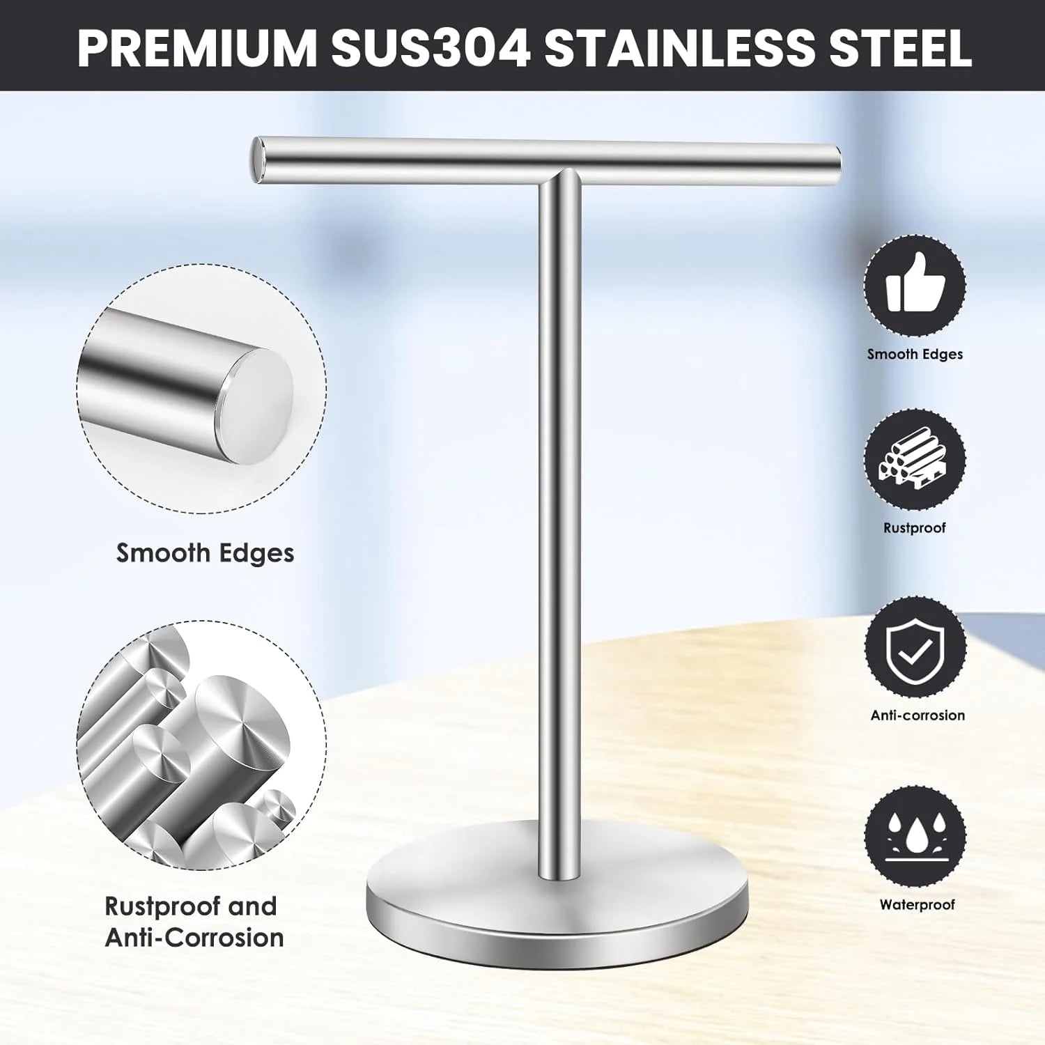 T-Shape Bath Hand Towel Holder Stand Stainless Steel Free Standing Hand Towel Rack with Heavy Base for Bathroom Kitchen & Countertop Matte Black – Durable Stainless Steel Construction for Simple Storage and Daily Tasks