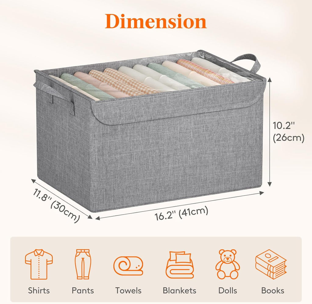Fabric Storage Boxes 6 Pcs Stackable Storage Bins with Clear Lids Foldable Oxford Cloth Cube Closet Organizer Baskets Clothes Containers for Towels Blankets Books Light Grey-Large – Foldable Space-Saving Design for Simple Storage and Daily Tasks