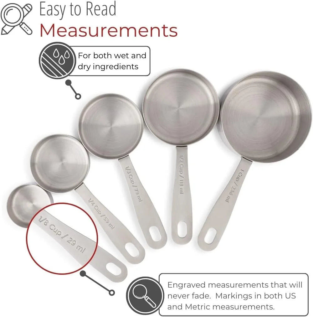 Stainless Steel Measuring Cups Heavy-Duty 5-Piece Set with Storage Ring – Kitchen Measuring Tools – Durable Stainless Steel Construction for Simple Storage and Daily Tasks