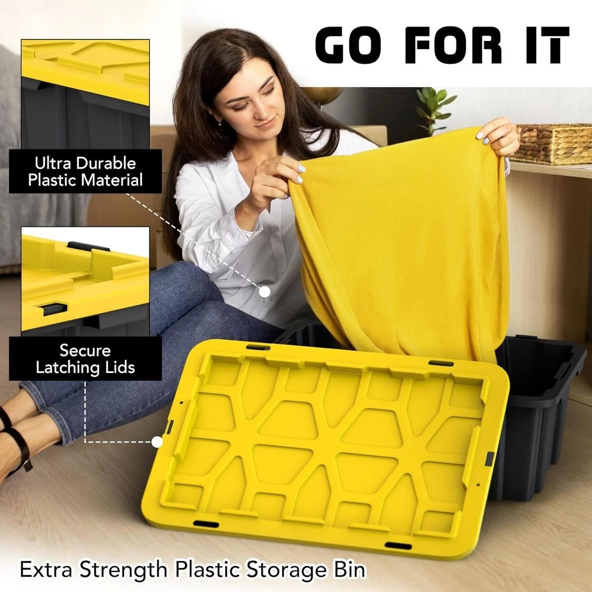 8 PACK of Medium 12 Gallon Plastic Storage Bin Tote Organizing Container with Ultra Durable Secure Latching Lids Stackable Extra Strength Clear with Built in Handle - Black and Yellow – Stackable Organization for Simple Storage and Daily Tasks