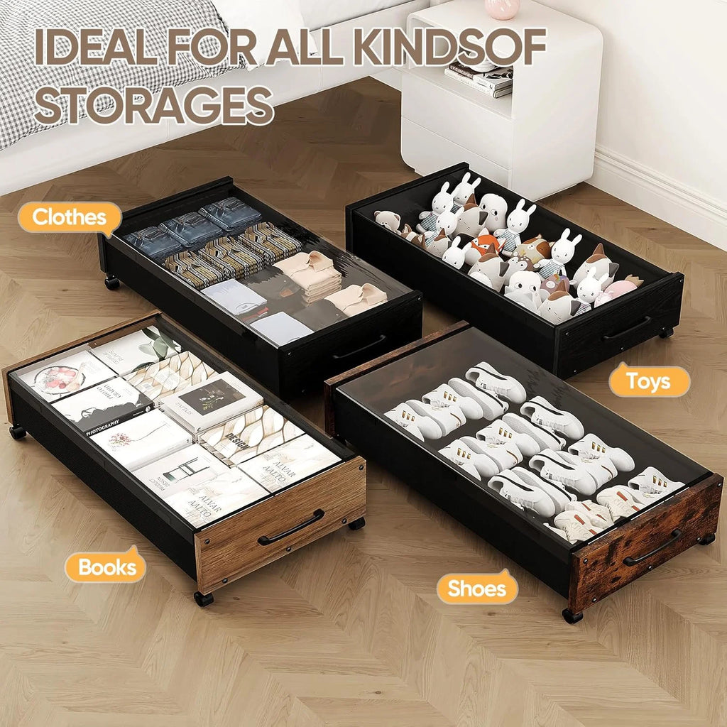 Wooden Under Bed Storage with Wheels Rolling Under the Bed Storage Bins with Removable Lid Metal Under Bed Drawers for Clothes and Shoes in Bedroom or Living Room(Black Wood-2pack) – Easy-Roll Mobility for Simple Storage and Daily Tasks