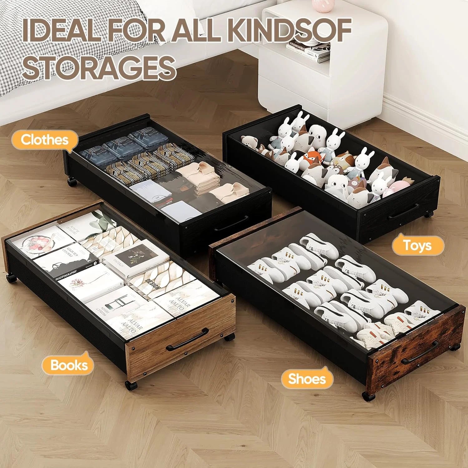 Wooden Under Bed Storage with Wheels Rolling Under the Bed Storage Bins with Removable Lid Metal Under Bed Drawers for Clothes and Shoes in Bedroom or Living Room(Black Wood-2pack) – Easy-Roll Mobility for Simple Storage and Daily Tasks