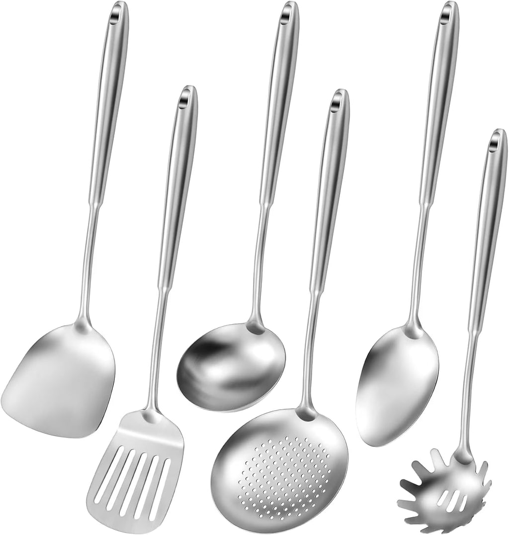 304 Stainless Steel Cooking Utensils,6 Pcs Kitchen Cooking Utensils Set with Spatula Solid Spoon Ladle Skimmer Spaghetti Spoon,Dishwasher Suitable – Durable Stainless Steel Construction for Simple Storage and Daily Tasks