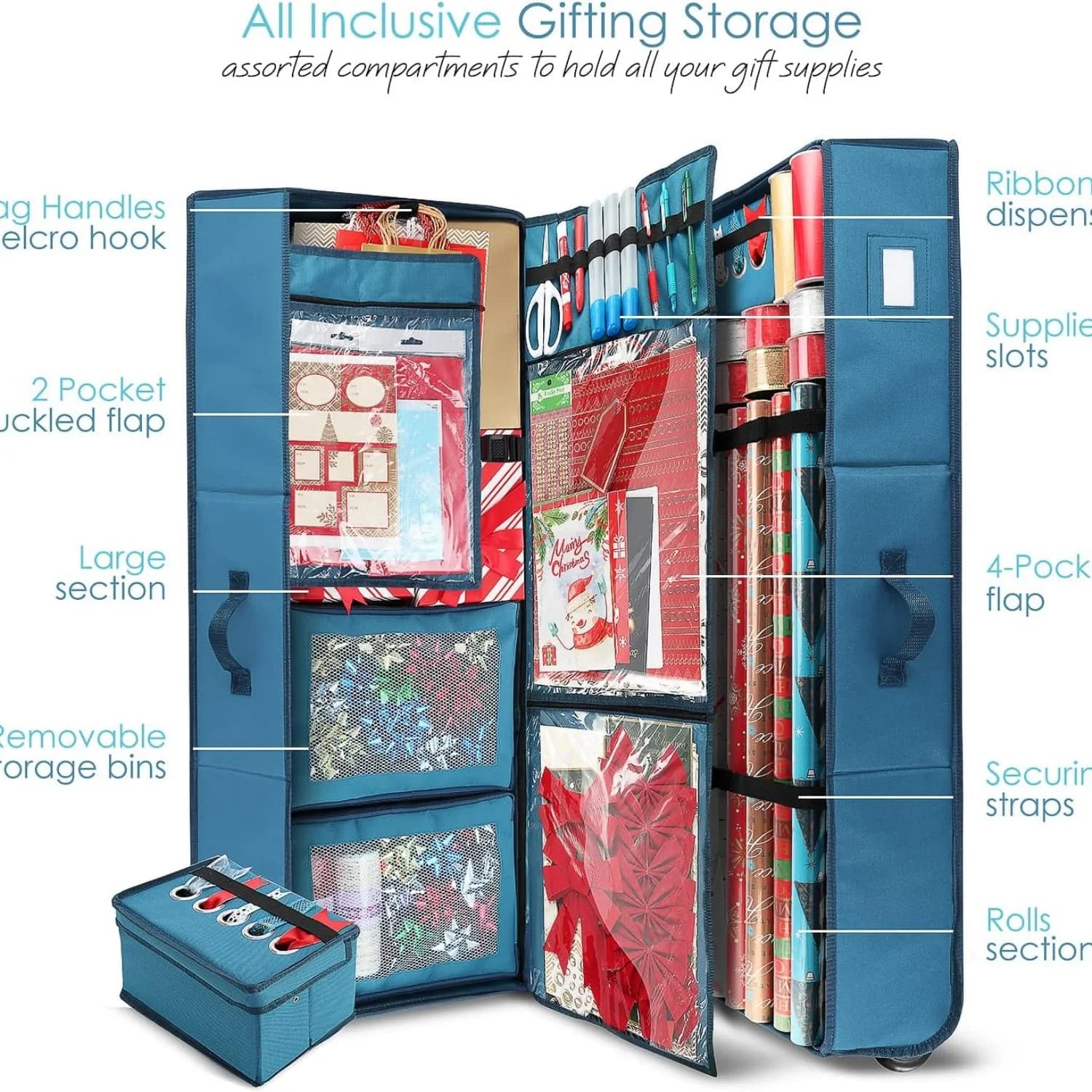 Wrapping Paper Storage Container with Ribbon Dispenser and Interior Pockets - Large Christmas Storage Containers with Wheels Fits 30 Rolls of 40" Length Blue – Everyday Household Format for Simple Storage and Daily Tasks