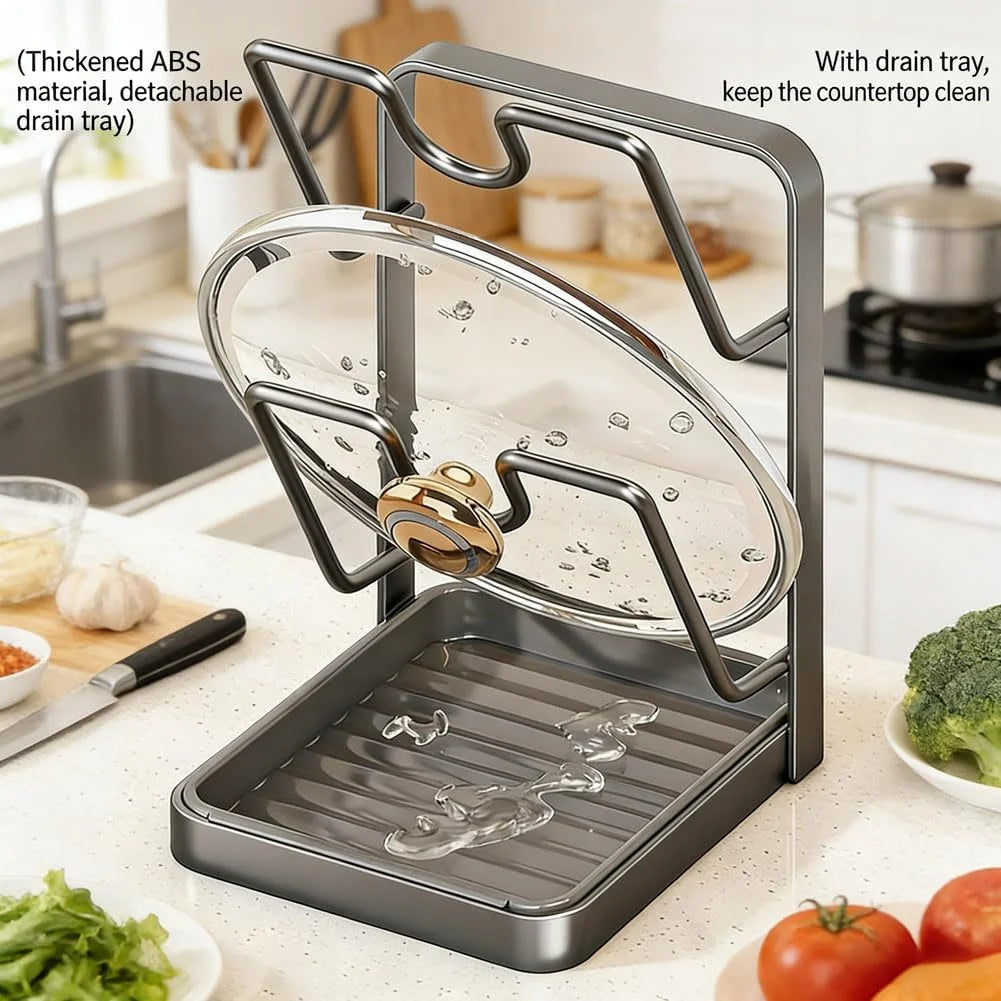 Kitchen Pot Lid Storage Rack Stainless Steel Pot Lid Holder While Cooking & Spoon Rest Multifunctional Pot Lid Organizer with Removable Drip Tray for Countertop Space-Saving Lid – Durable Stainless Steel Construction for Simple Storage and Daily Tasks