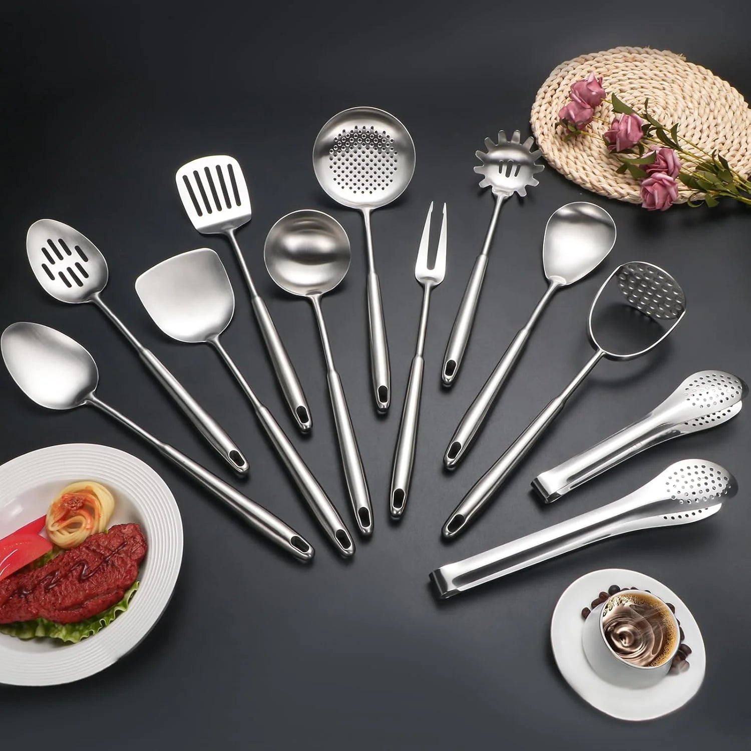304 Stainless Steel Cooking Utensils,6 Pcs Kitchen Cooking Utensils Set with Spatula Solid Spoon Ladle Skimmer Spaghetti Spoon,Dishwasher Suitable(Black) – Durable Stainless Steel Construction for Simple Storage and Daily Tasks