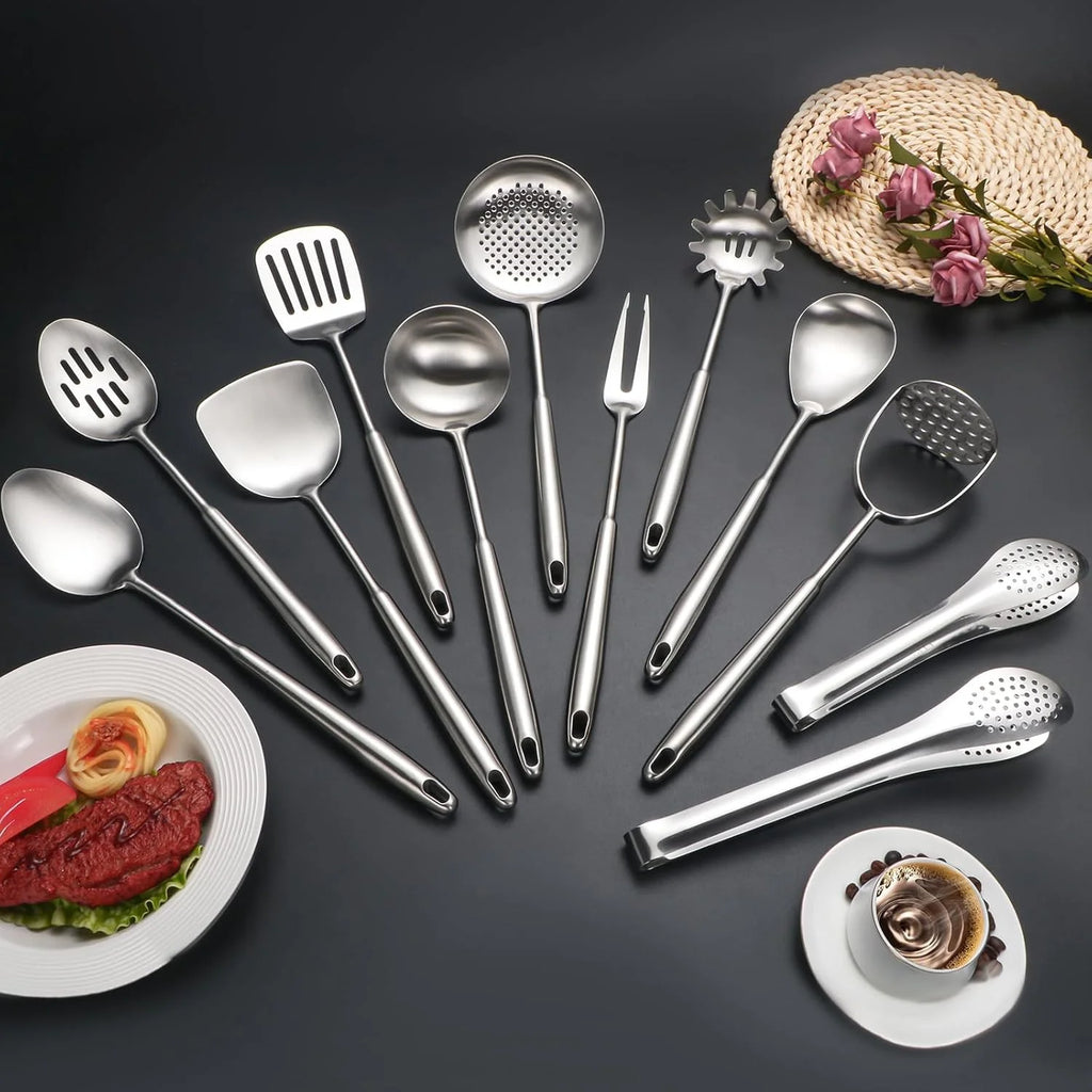 304 Stainless Steel Cooking Utensils,6 Pcs Kitchen Cooking Utensils Set with Spatula Solid Spoon Ladle Skimmer Spaghetti Spoon,Dishwasher Suitable – Durable Stainless Steel Construction for Simple Storage and Daily Tasks