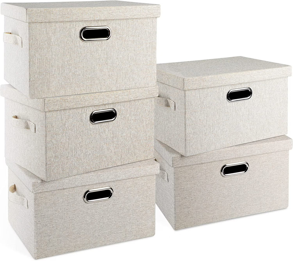 Medium 15" 21 Quart Collapsible Stackable Storage Bins with Lids 5 Packs Beige Foldable Fabric Closet Boxes Heavy-duty Lidded Linen Cube Baskets Container Organizers and Storage – Everyday Household Format for Simple Storage and Daily Tasks