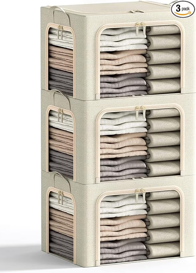 3 Openings Clothes Storage Bins with Metal Frame Foldable Storage Bin for Clothes Clothing Storage Bins with Lid Linen Storage Box With Clear Window＆ Zippers＆ Durable Handles.(3 – Multiroom Organization Format for Simple Storage and Daily Tasks