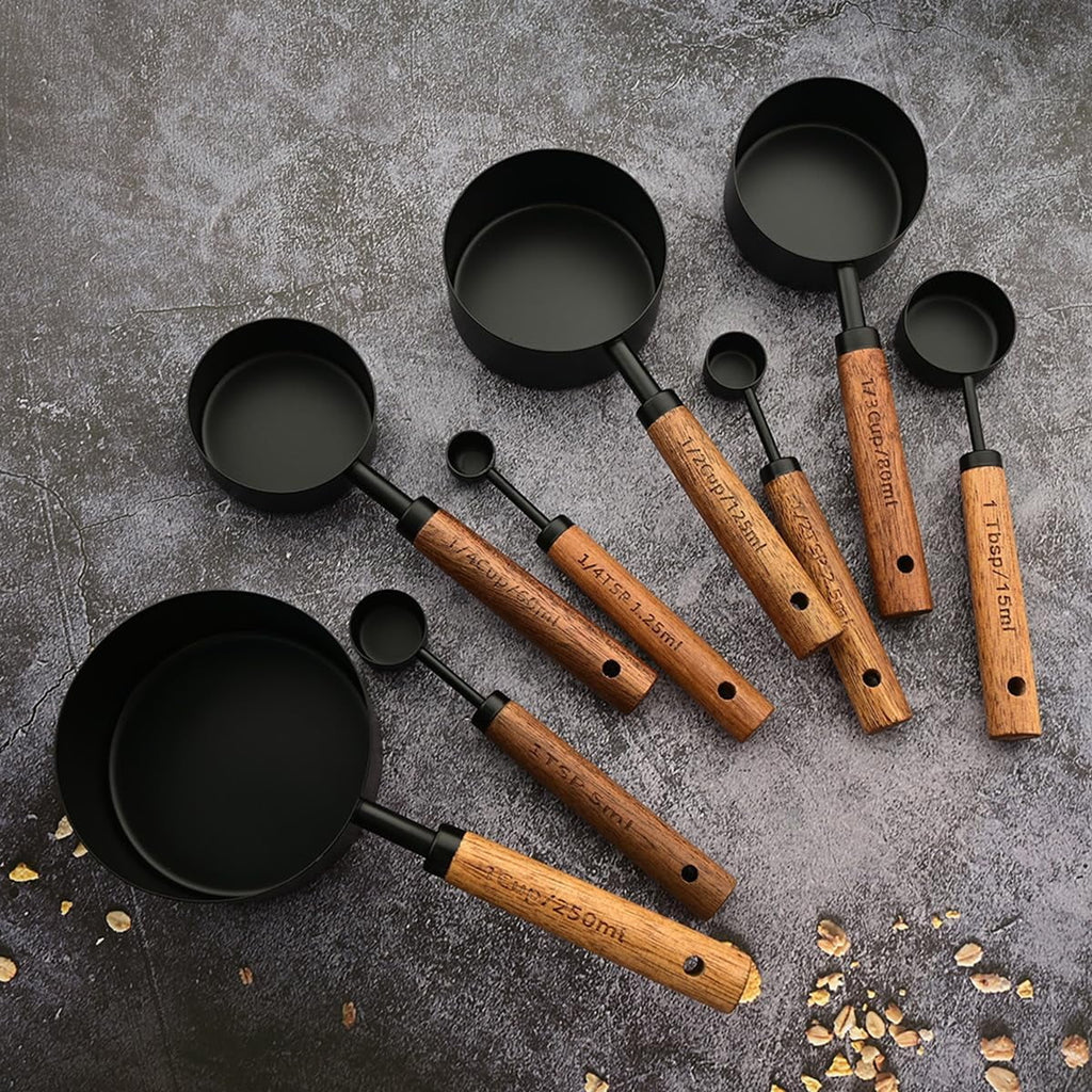 8 pieces Golden Measuring Cups Set and Measuring Spoons Set with Scale Wooden Handle Stainless Steel Dry & Liquid Measuring Cup for Cooking Baking – Convenient Carry Handles for Simple Storage and Daily Tasks