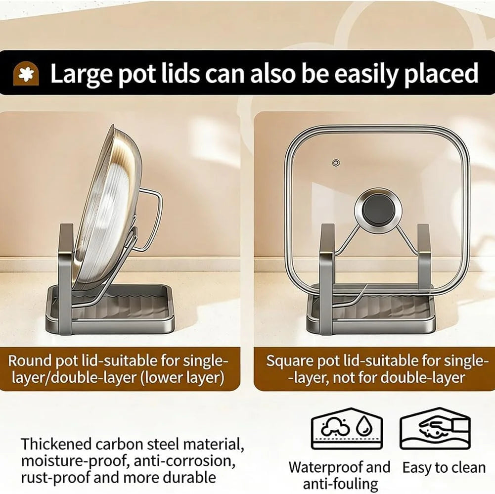 Kitchen Pot Lid Storage Rack Stainless Steel Pot Lid Holder While Cooking & Spoon Rest Multifunctional Pot Lid Organizer with Removable Drip Tray for Countertop Space-Saving Lid – Durable Stainless Steel Construction for Simple Storage and Daily Tasks