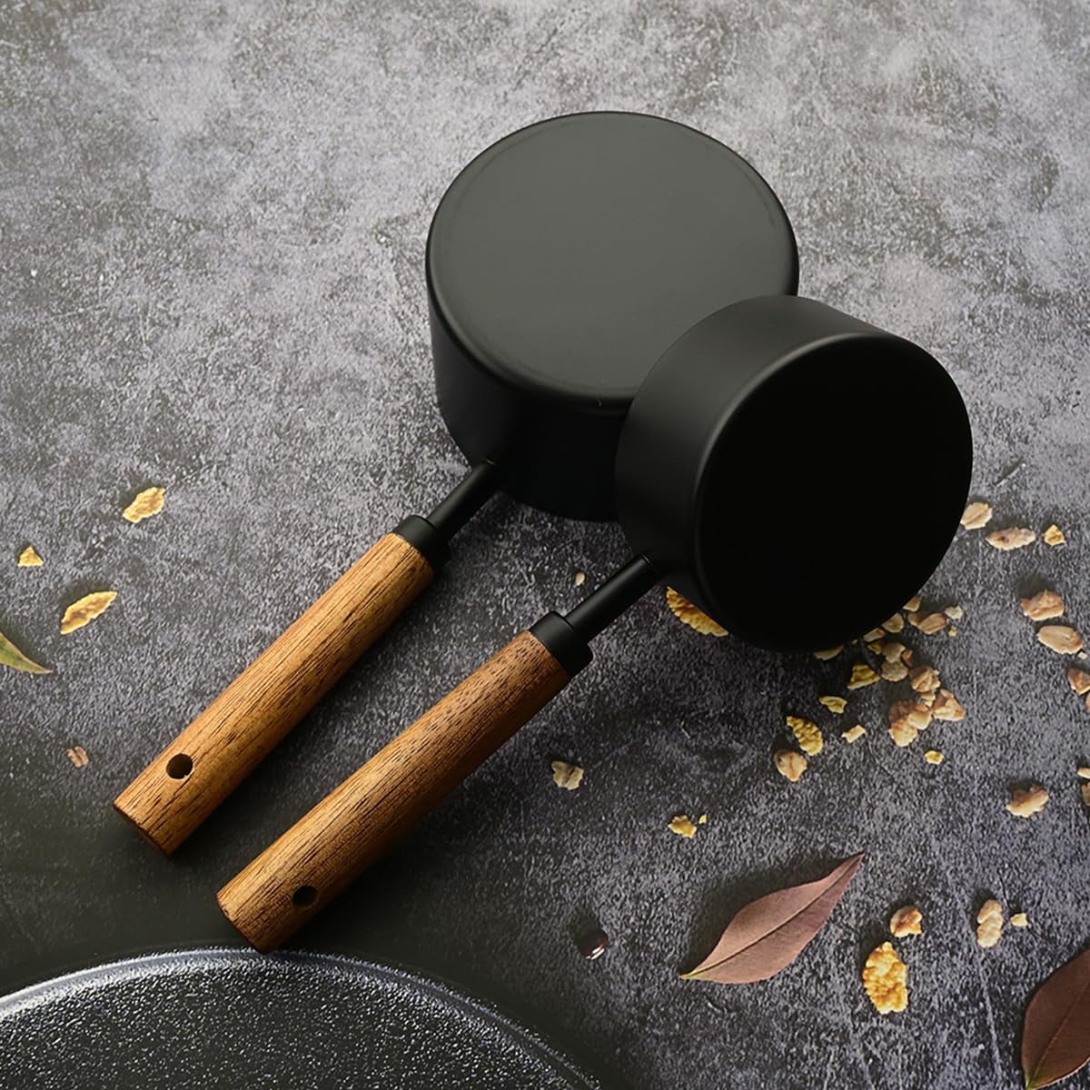 8 pieces Black Measuring Cups Set and Measuring Spoons Set with Scale Wooden Handle Stainless Steel Dry & Liquid Measuring Cup for Cooking Baking – Convenient Carry Handles for Simple Storage and Daily Tasks