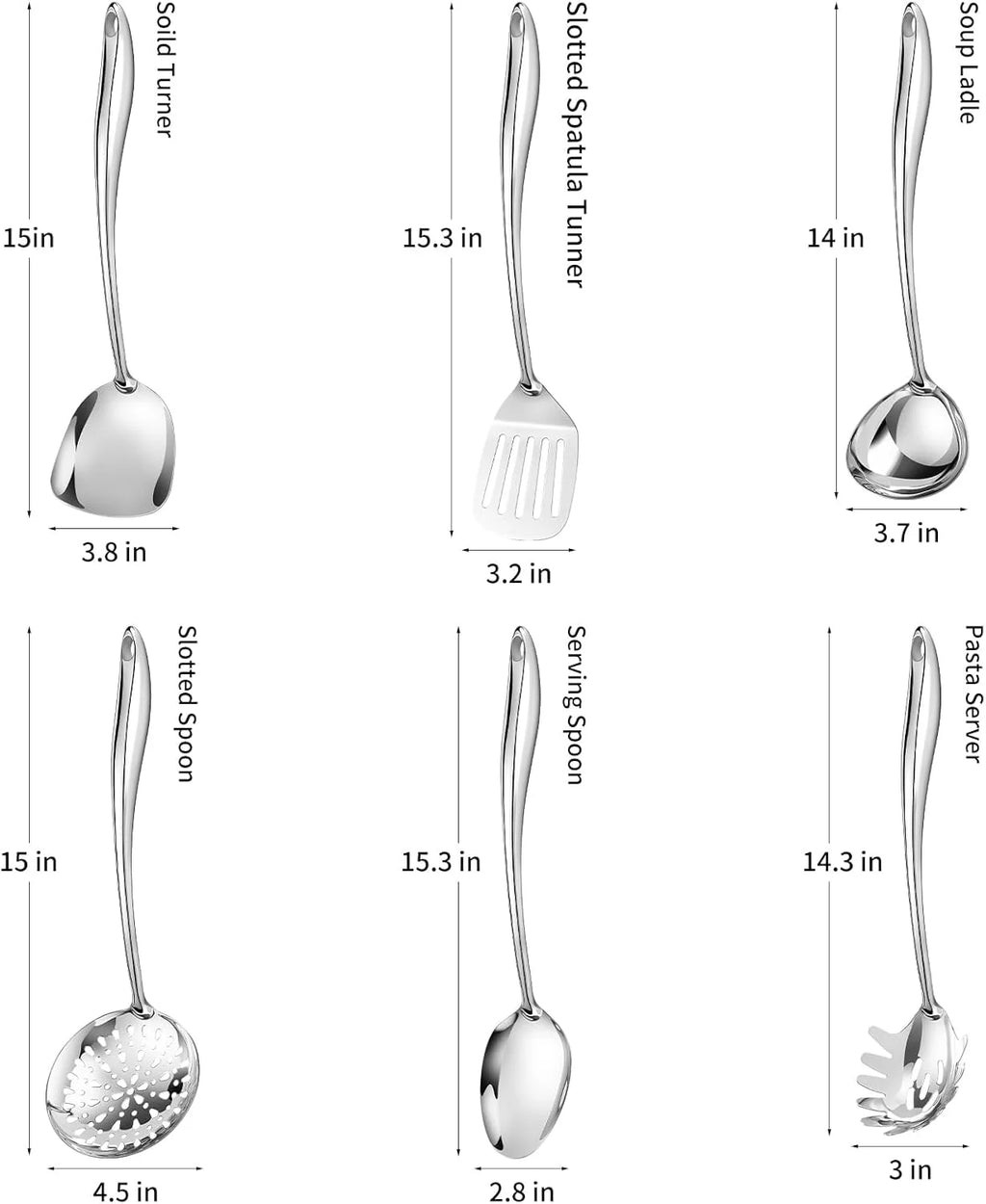 304 Stainless Steel Cooking Utensils Set,6 Pcs Long Metal Kitchen Utensils Set with Spatula Solid Spoon Ladle Skimmer Spaghetti Spoon,Dishwasher Suitable – Durable Stainless Steel Construction for Simple Storage and Daily Tasks