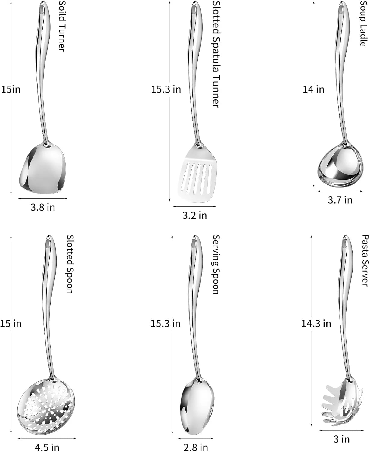 304 Stainless Steel Cooking Utensils Set,6 Pcs Long Metal Kitchen Utensils Set with Spatula Solid Spoon Ladle Skimmer Spaghetti Spoon,Dishwasher Suitable – Durable Stainless Steel Construction for Simple Storage and Daily Tasks