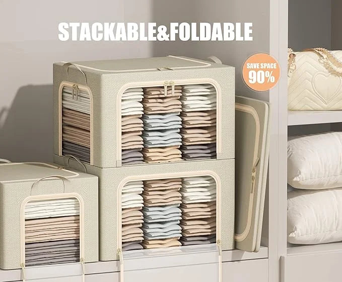3 Openings Clothes Storage Bins with Metal Frame Foldable Storage Bin for Clothes Clothing Storage Bins with Lid Linen Storage Box With Clear Window＆ Zippers＆ Durable Handles.(3 – Multiroom Organization Format for Simple Storage and Daily Tasks