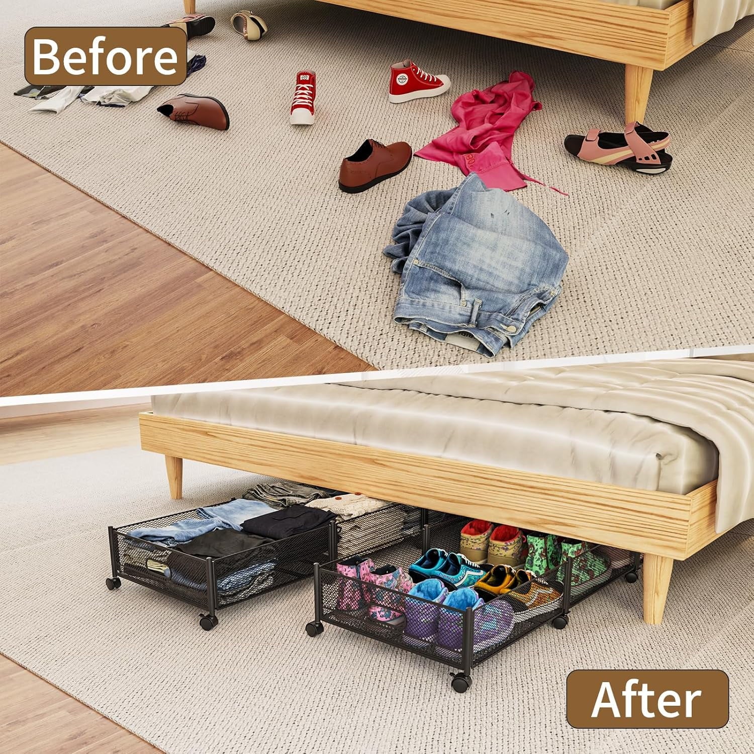 47.2'' Long Under Bed Storage on Wheels 57.6L Large Capacity Rolling Under the Bed Storage Containers Tool-Free Assembly Foldable Underbed Shoes Clothes Toy Drawers – Multiroom Organization Format for Simple Storage and Daily Tasks