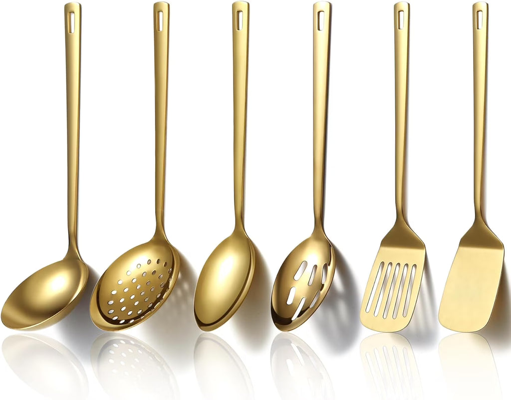 Gold Kitchen Utensils Set 6pcs Titanium Plating Stainless Steel Cooking Utensils Set Heavy Duty Kitchen Tools Spatulas Set Home Essentials Kitchen Gadgets Accessories – Durable Stainless Steel Construction for Simple Storage and Daily Tasks