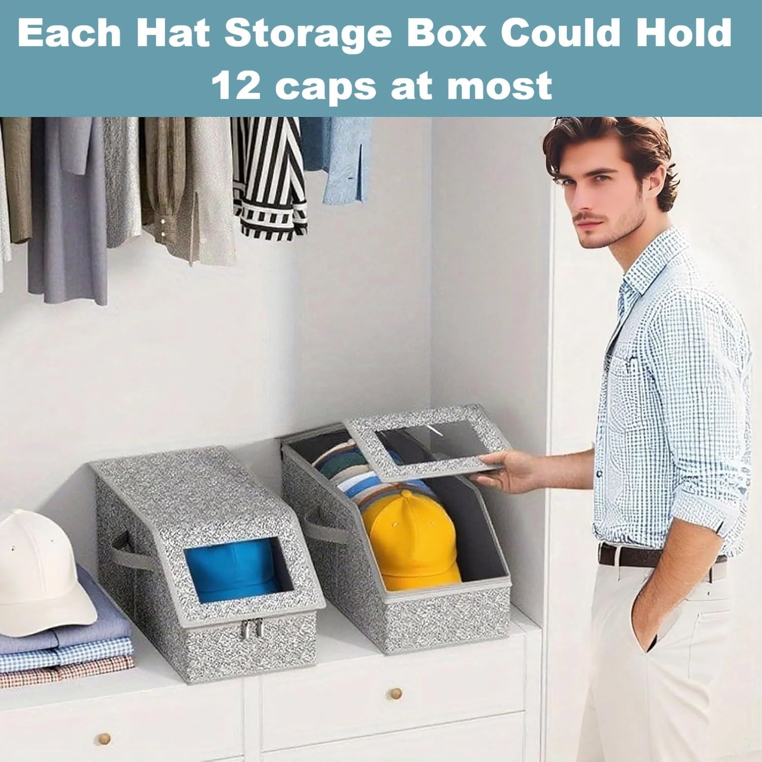 4 PCS Stackable Hat Storage for Baseball Caps Hat Storage Boxes for Closet Holds up to 12 Caps with Cardboard Hat Organizer for Women & Men (Grey) – Stackable Organization for Simple Storage and Daily Tasks